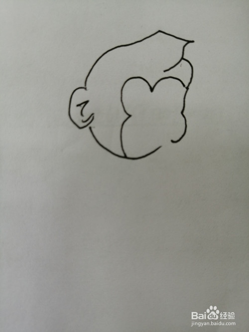 第二步,接着继续画出简笔画可爱的小猴子的右边的小耳朵和脸上的