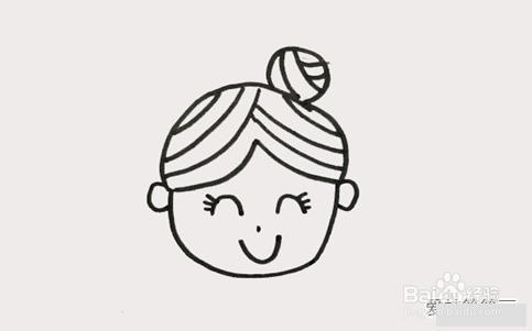 1,首先画出妈妈的发型轮廓,画上头发线条后,再将她的五官画出来.