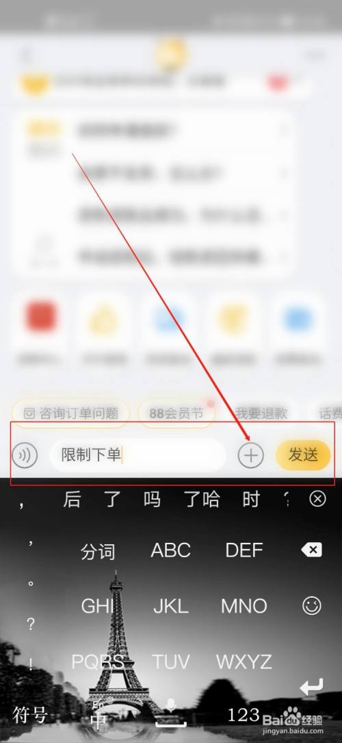 第四,输入"限制下单"并点击"发送"