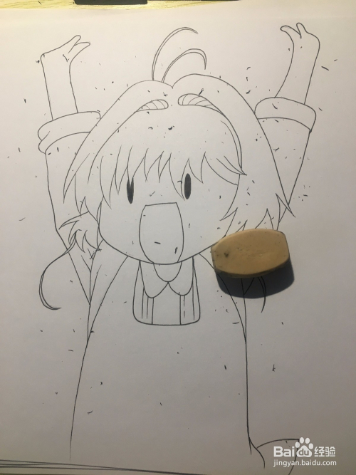 动漫线稿:画一个高举起双手大喊的可爱小女孩