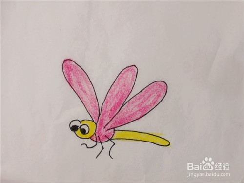 如何用蜡笔一步一步画出简笔画蜻蜓点水?