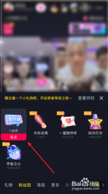 5 然后点击粉丝团灯牌下面的 发送 6 赠送粉丝团灯牌需要1抖币,我们
