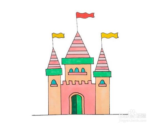 最后给它的屋顶,旗帜和门窗上色,这样城堡简笔画就完成啦!