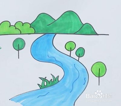 最后,用蓝色把河水突显出来,在里边画一些线条,就可以让人感受到