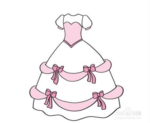 涂色了,我们给婚纱涂上粉色,蝴蝶结涂深红色,漂亮的婚纱裙简笔画就
