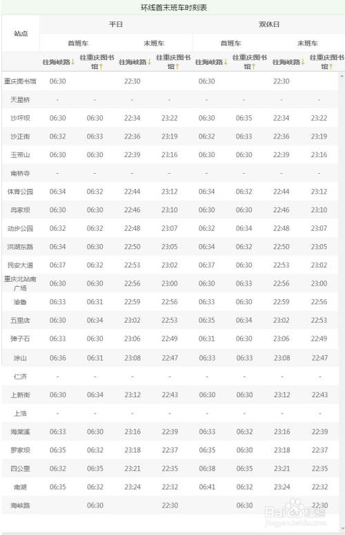 最新重庆轨道交通轻轨环线运行时刻表