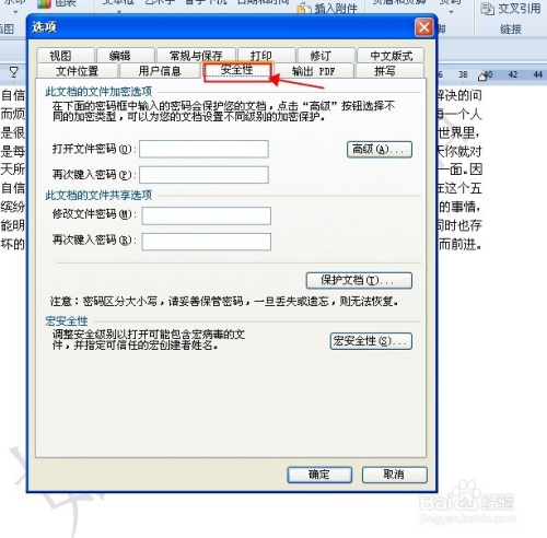 然后点击页面里的"安全性,设置好加密文件的密码然后点击"确定"