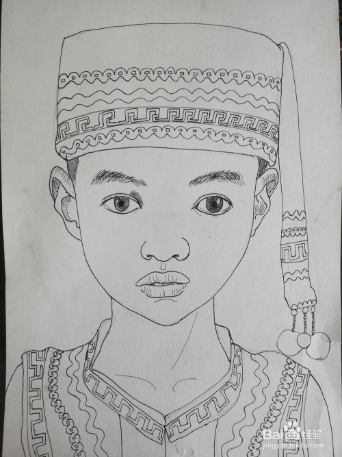 怎么画少数民族的男孩肖像线描