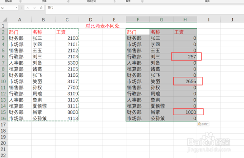 如何使用excel对比两表不同