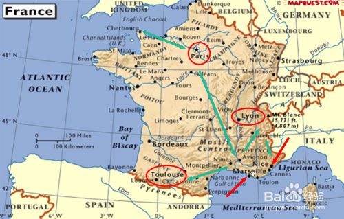 最后在法国地图上标识出巴黎,马赛,里昂,图卢兹,尼斯 地理位置.