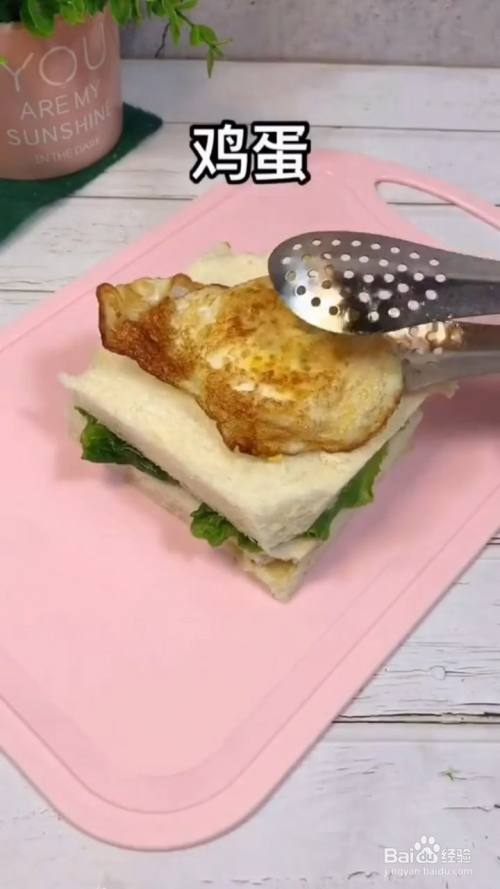 10克面包片,10克火腿,挤上10克萨拉酱,10克生菜,10克面包片,10克鸡蛋