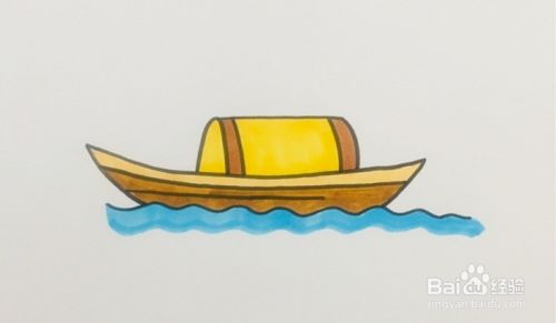最后将船篷用黄色与棕色涂上,水面线条涂蓝,简单的木船就画好啦.