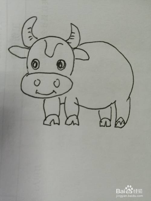 接着继续画出可爱的小奶牛的两条后腿和身上的花纹,画法也比较简单