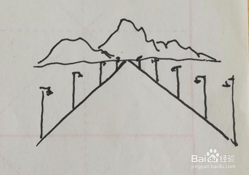 远山由远及近的公路路灯汽车组合简笔画怎么画