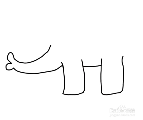 第二步,画完大象的鼻子,接着顺着鼻子画出大象的两只腿部的外轮廓