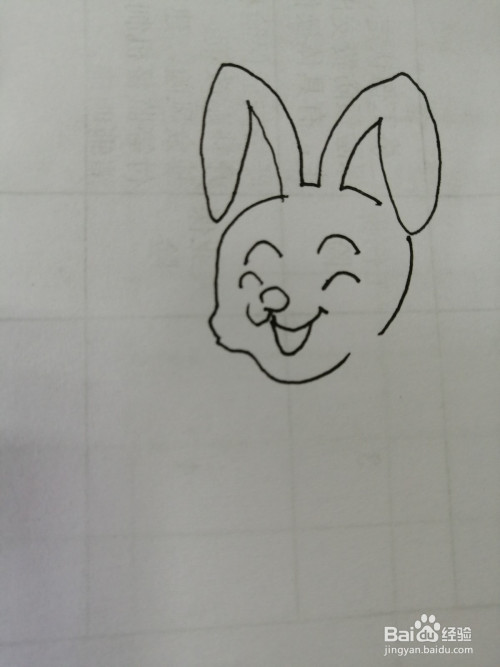 第三步,然后继续画出简笔画可爱的小兔子的微笑的小嘴巴.