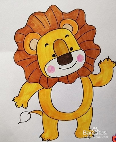 给狮子的身体涂上黄色,这个拟人化的小狮子是不是很可爱呢?