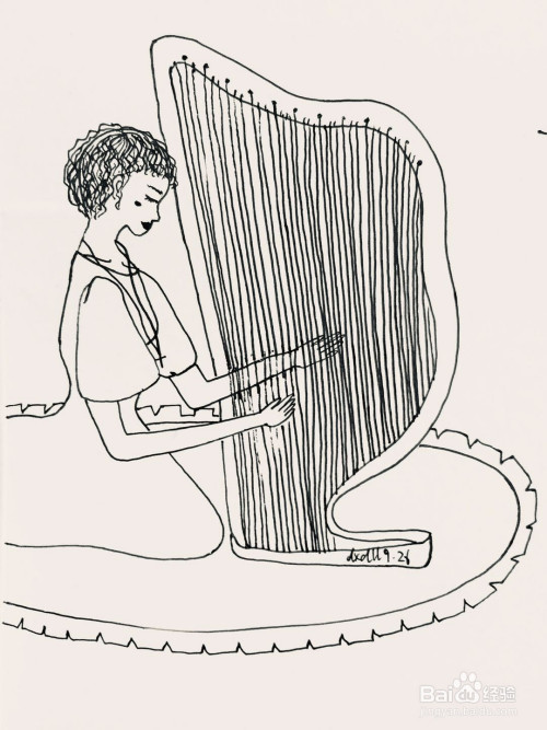 白纸 黑色碳素笔 方法/步骤 3 我们画出女子的下半身长裙,我们给竖琴