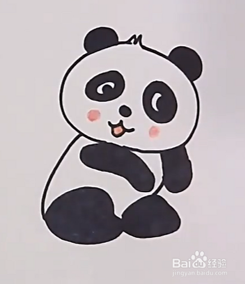 4 画出熊猫的身体 5 填充身体的颜色 6 给熊猫的嘴巴涂上粉色再画两个