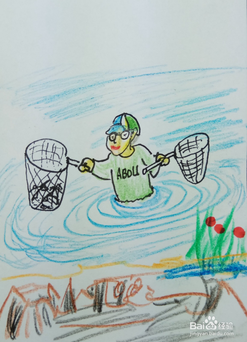 怎样画简笔画"涉水捕鱼的小男孩"?