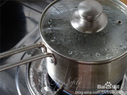 取一个奶锅,煮沸半锅的清水.