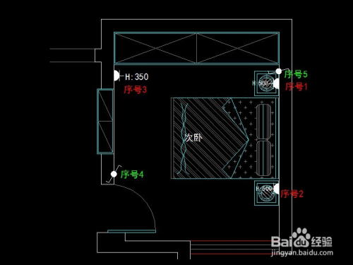 小书房:插座:序号1:床头柜上方插座,高度500mm序号2:床尾墙角备用插座