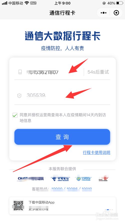 输入手机号和验证码,点击下方的【查询,即可获取自己的行程码.