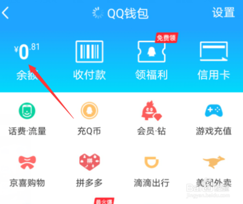 第四步:进入qq钱包界面后,再次点击左上角"余额"进入qq余额查询界面