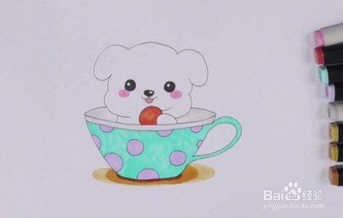 给杯子上的圆圈花纹涂上紫色,可爱的茶杯犬简笔画就完成啦!