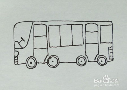工具/原料 中性笔 图画纸 方法/步骤 1 画公交车的车身轮廓,如图所示
