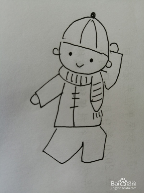 第六步,然后把简笔画放鞭炮的小男孩的裤子和脚画出来.