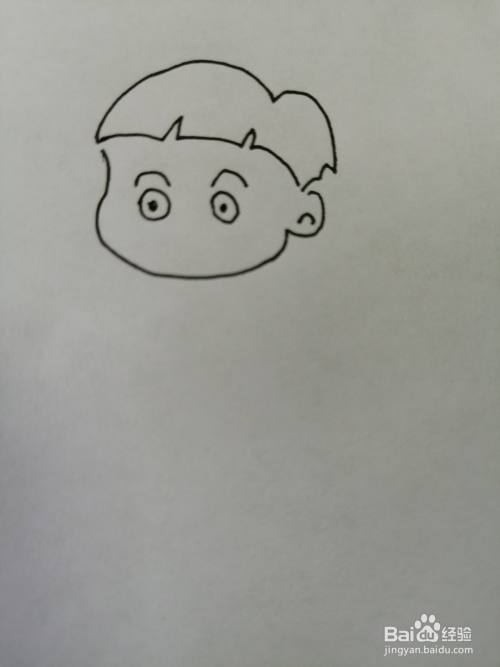 第三步,接着继续画出小男孩的眼睛和可爱的小嘴巴,画法也比较简单.