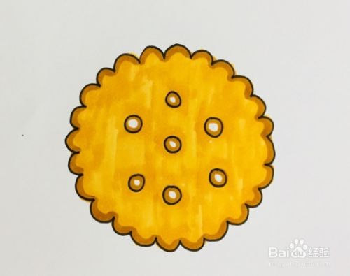 然后将整块饼干涂上黄颜色,小圆圈以及饼干的外围轮廓都描上一圈