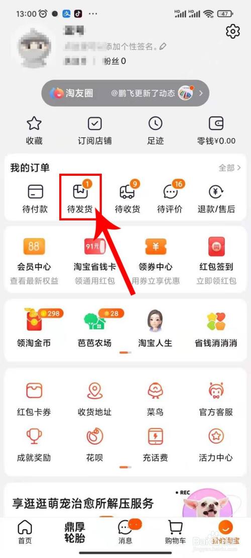 从我的淘宝页面找到 我的订单,点击" 待发货"按钮.【下方如图所示】