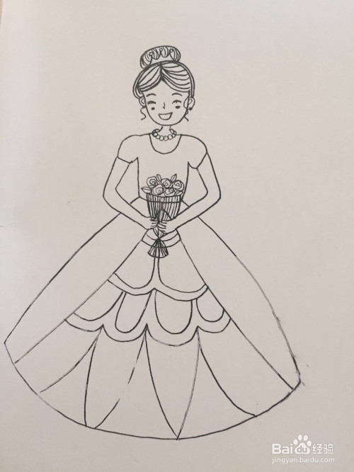 用笔画出新娘的头纱,王冠和婚纱,婚纱的画法可参见如下图所示.