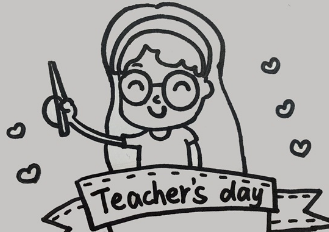 给老师画上可爱的表情后,下方画出一个写着教师节英文字样的彩带