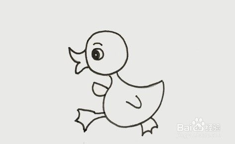 然后在上面画出鸭子的翅膀和鸭掌.小鸭的姿势是一个走路的姿势.