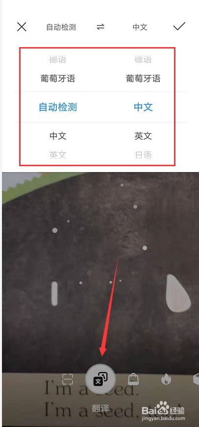 4,选定要翻译的语言后,点击底部拍照