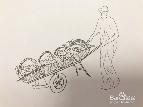 画一个个推着水果篮推车商贩,农夫或人