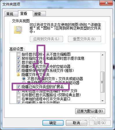 点击"查看",进入到文件夹选项的查看窗口页面,在页面的高级设置中