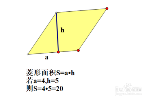 菱形的面积为s=a.h,若a=4,h=5,则s=5.4=20