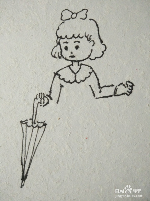 第三步画出小女孩和胳膊和手里拿着的雨伞