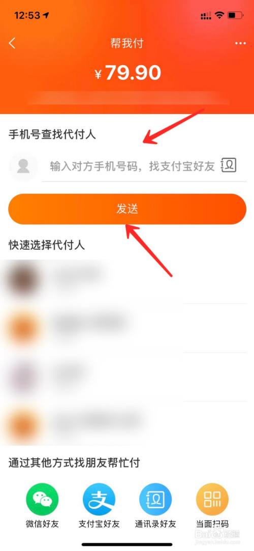 输入代付好友的支付宝后,再点击"发送"等等好友代付成功即可.