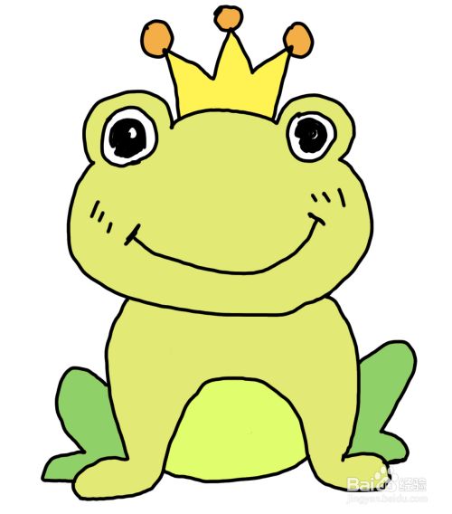 第八步,给小青蛙的头顶的皇冠都涂上颜色,彩色简笔画卡通动物小青蛙
