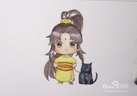 最后给小狗涂上黑色,魔道祖师金陵简笔画就完成啦!