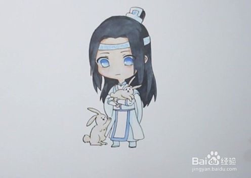 最后给蓝忘机的衣服涂上浅蓝色,q版魔道祖师蓝忘机简笔画就完成了!