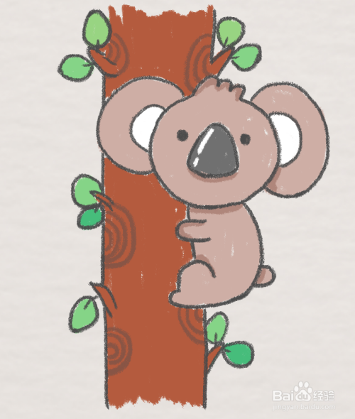 给树干和叶子涂上颜色,画上树的年轮,爬树的考拉熊就画好了.