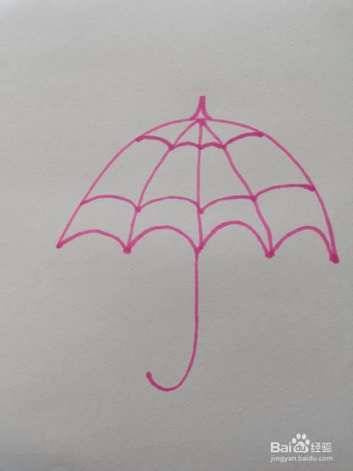 在伞面靠上的位置也画出条纹装饰,条纹雨伞简笔画就画好了.