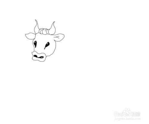 在头部上画出牛的两只眼睛,然后再画出牛的嘴部及鼻孔,如图所示