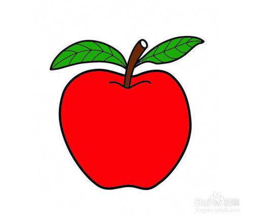 3 再画苹果果实的果把处坑. 4 在果把上画一个苹果树叶.